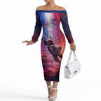Australia Koala And Kangaroo UFO Off The Shoulder Long Sleeve Dress Sci-Fi Galaxy Opera House And Uluru