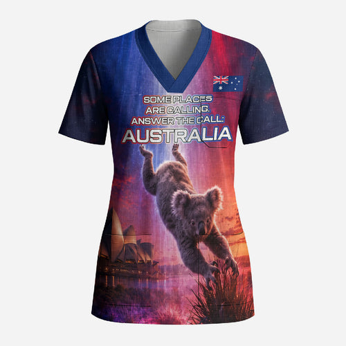 Australia Koala And Kangaroo UFO Scrub Top Sci-Fi Galaxy Opera House And Uluru