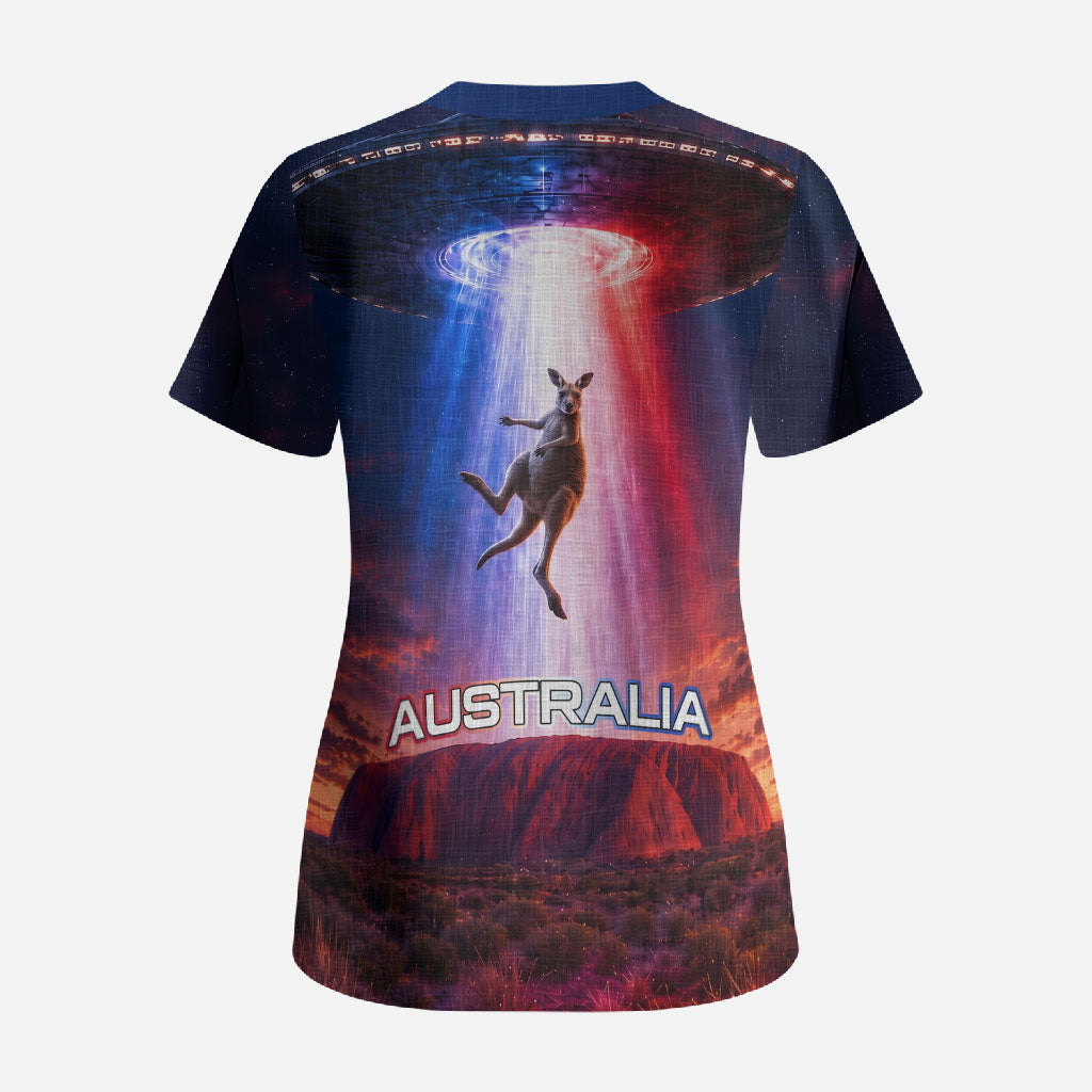 Australia Koala And Kangaroo UFO Scrub Top Sci-Fi Galaxy Opera House And Uluru