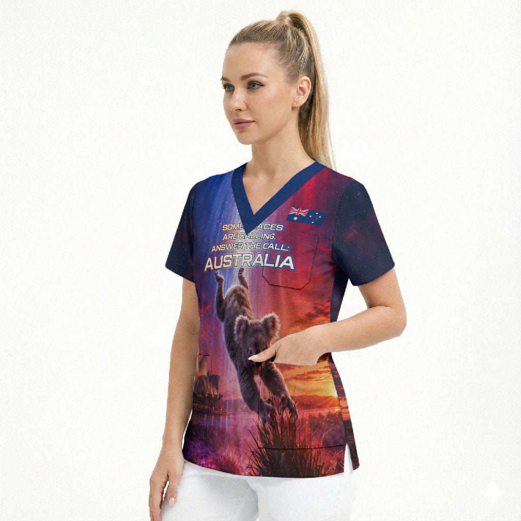 Australia Koala And Kangaroo UFO Scrub Top Sci-Fi Galaxy Opera House And Uluru