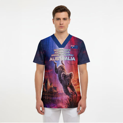 Australia Koala And Kangaroo UFO Scrub Top Sci-Fi Galaxy Opera House And Uluru