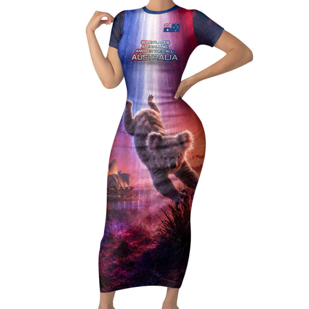 Australia Koala And Kangaroo UFO Short Sleeve Bodycon Dress Sci-Fi Galaxy Opera House And Uluru