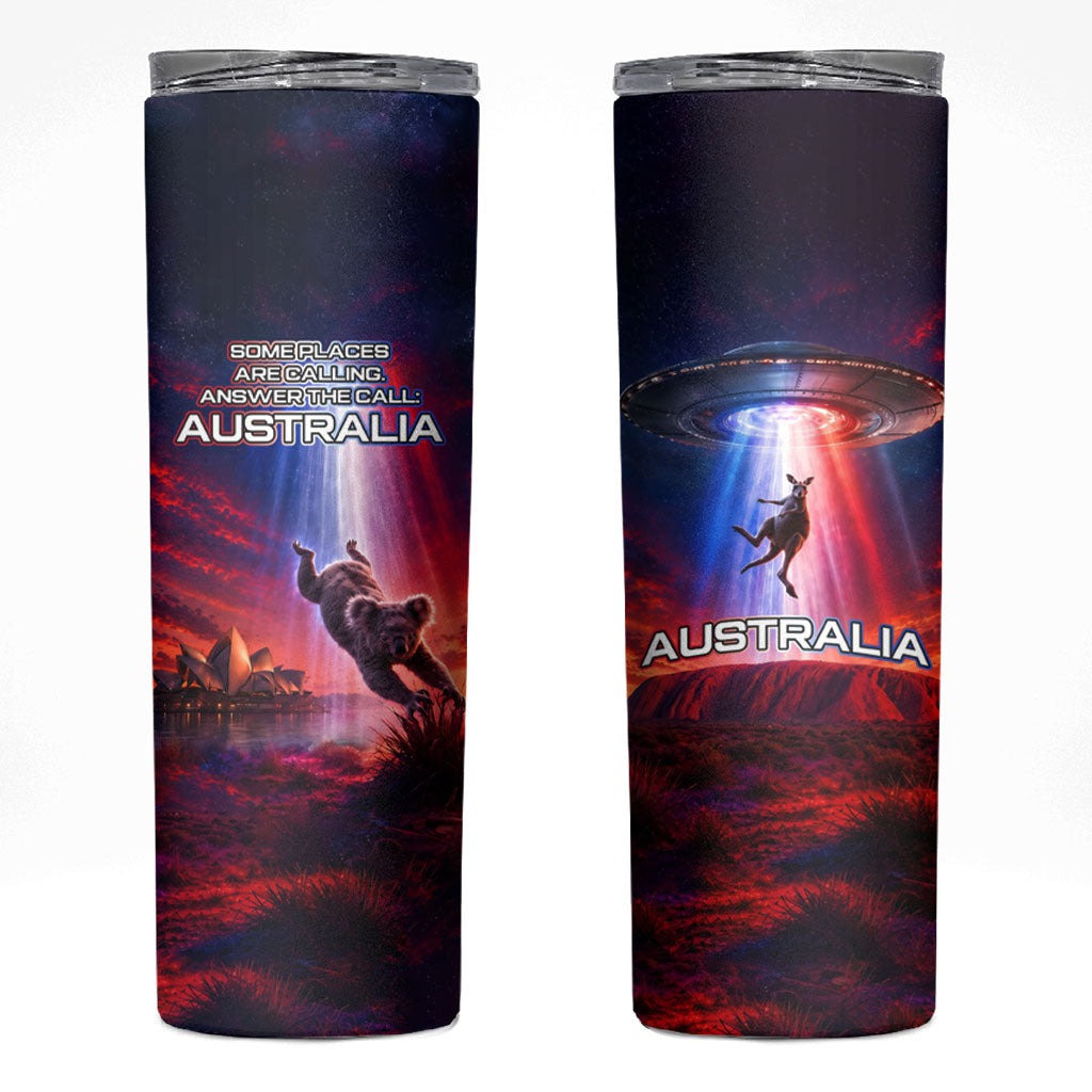 Australia Koala And Kangaroo UFO Skinny Tumbler Sci-Fi Galaxy Opera House And Uluru