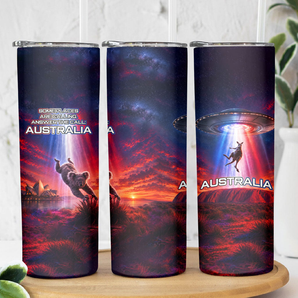 Australia Koala And Kangaroo UFO Skinny Tumbler Sci-Fi Galaxy Opera House And Uluru