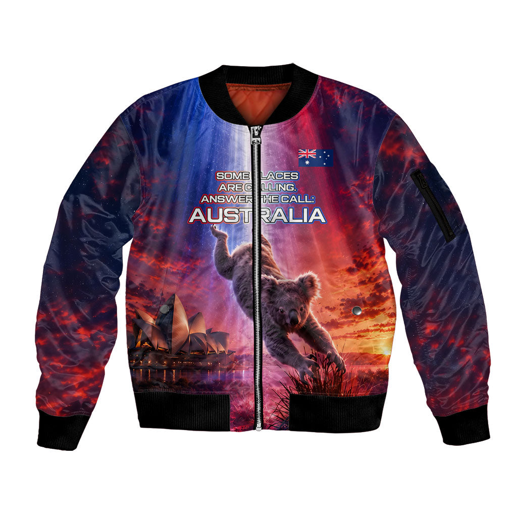 Australia Koala And Kangaroo UFO Sleeve Zip Bomber Jacket Sci-Fi Galaxy Opera House And Uluru