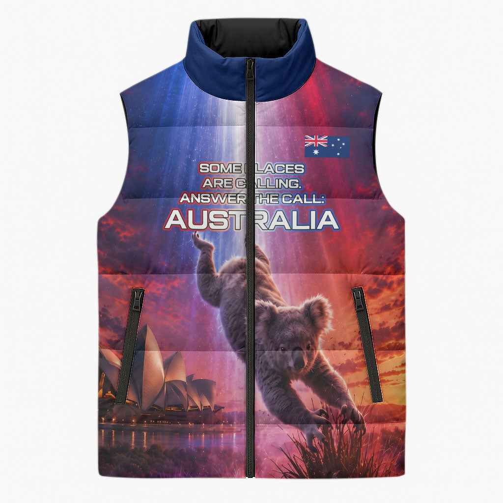 Australia Koala And Kangaroo UFO Sleeveless Puffer Jacket Sci-Fi Galaxy Opera House And Uluru
