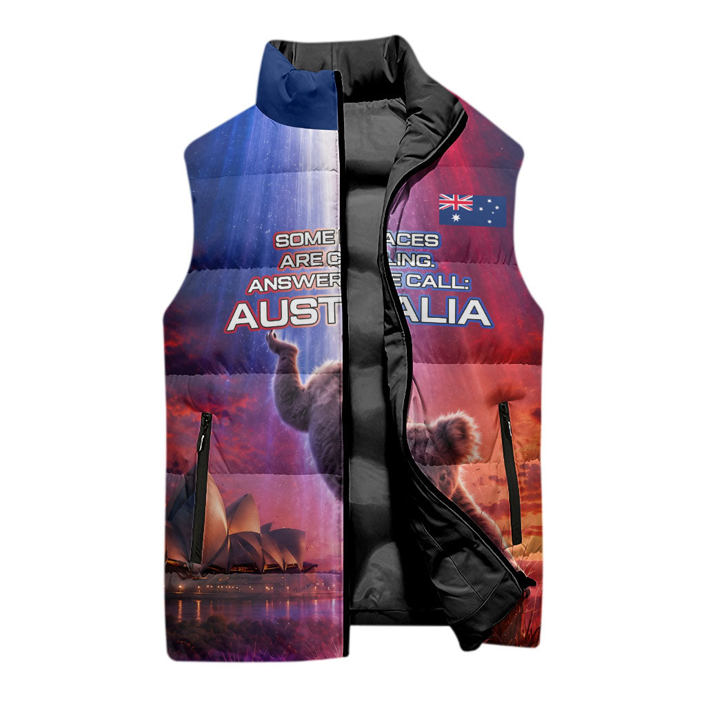 Australia Koala And Kangaroo UFO Sleeveless Puffer Jacket Sci-Fi Galaxy Opera House And Uluru