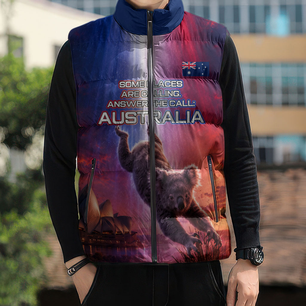 Australia Koala And Kangaroo UFO Sleeveless Puffer Jacket Sci-Fi Galaxy Opera House And Uluru