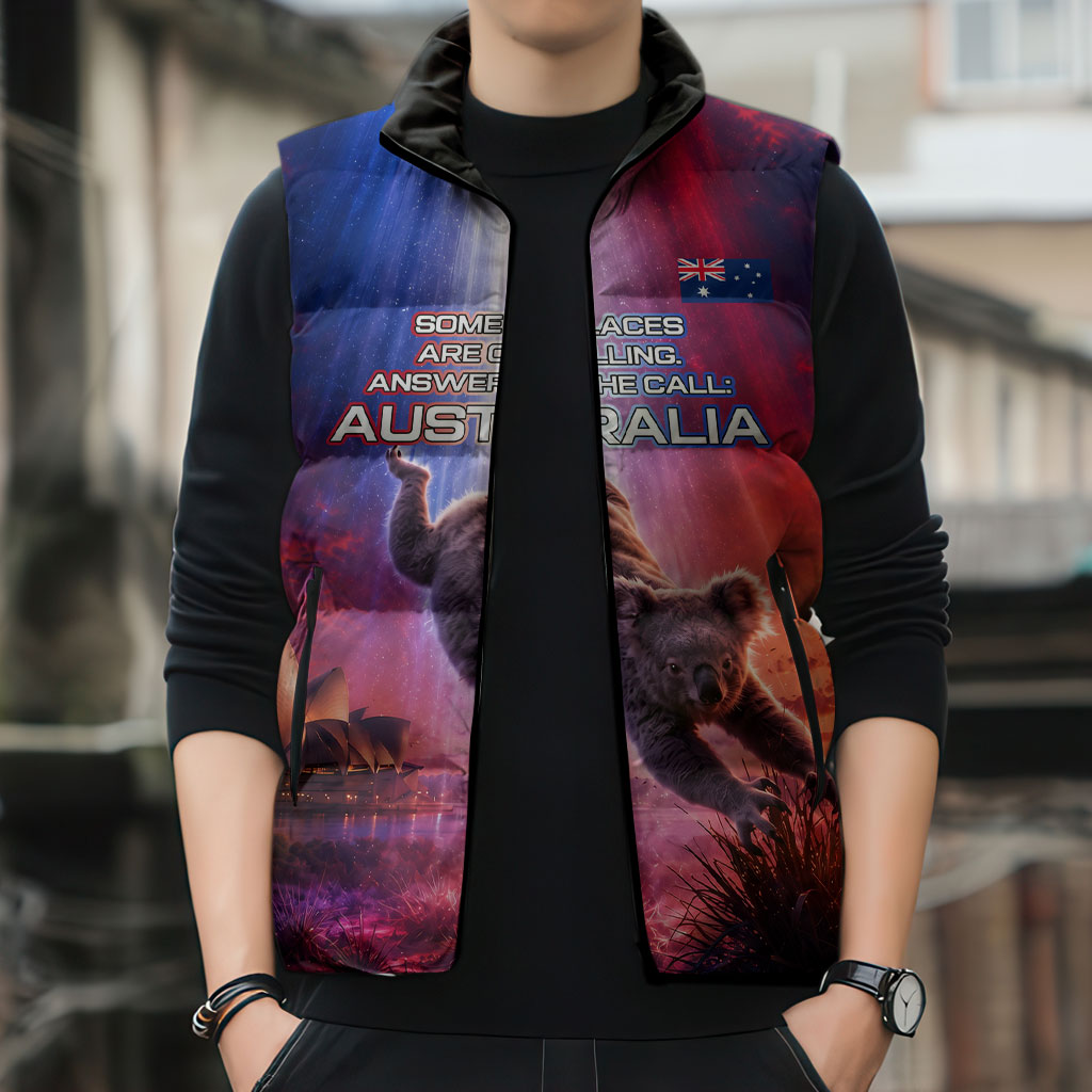 Australia Koala And Kangaroo UFO Sleeveless Puffer Jacket Sci-Fi Galaxy Opera House And Uluru
