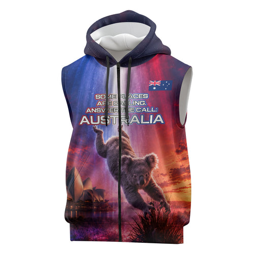 Australia Koala And Kangaroo UFO Sleeveless Zip Hoodie Sci-Fi Galaxy Opera House And Uluru