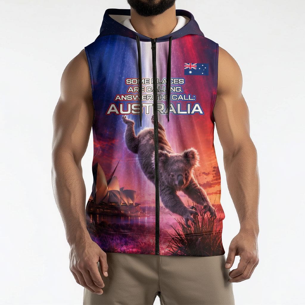 Australia Koala And Kangaroo UFO Sleeveless Zip Hoodie Sci-Fi Galaxy Opera House And Uluru