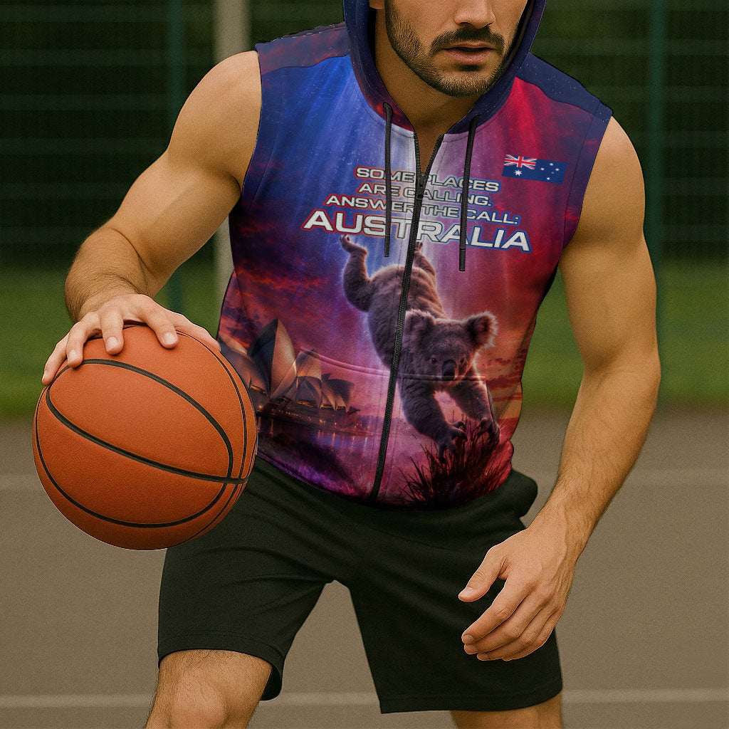 Australia Koala And Kangaroo UFO Sleeveless Zip Hoodie Sci-Fi Galaxy Opera House And Uluru