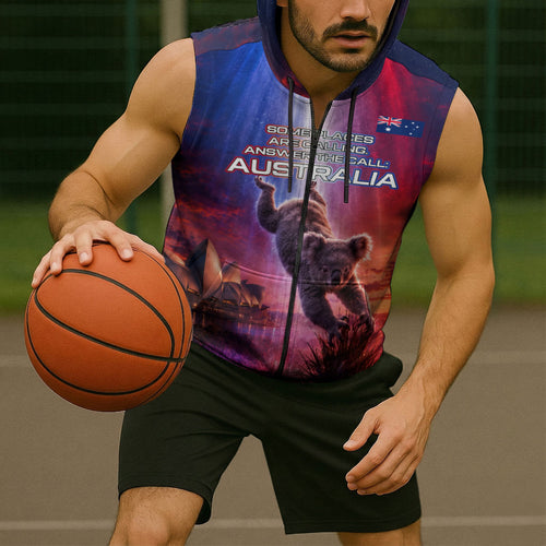 Australia Koala And Kangaroo UFO Sleeveless Zip Hoodie Sci-Fi Galaxy Opera House And Uluru