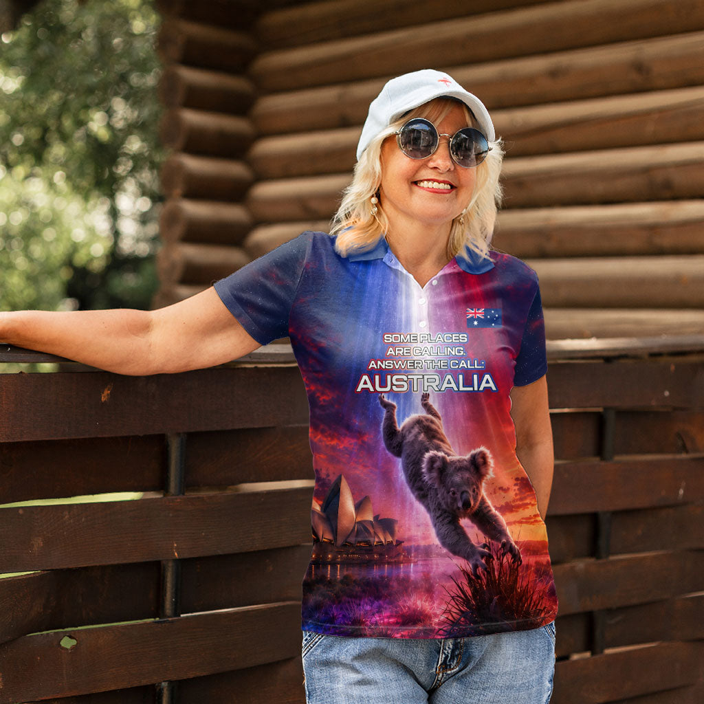 Australia Koala And Kangaroo UFO Women Polo Shirt Sci-Fi Galaxy Opera House And Uluru