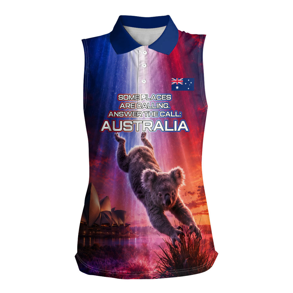 Australia Koala And Kangaroo UFO Women Sleeveless Polo Shirt Sci-Fi Galaxy Opera House And Uluru