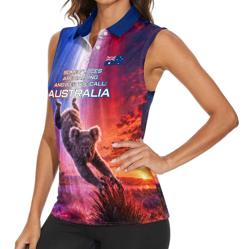 Australia Koala And Kangaroo UFO Women Sleeveless Polo Shirt Sci-Fi Galaxy Opera House And Uluru