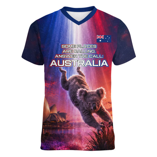 Australia Koala And Kangaroo UFO Women V-Neck T-Shirt Sci-Fi Galaxy Opera House And Uluru