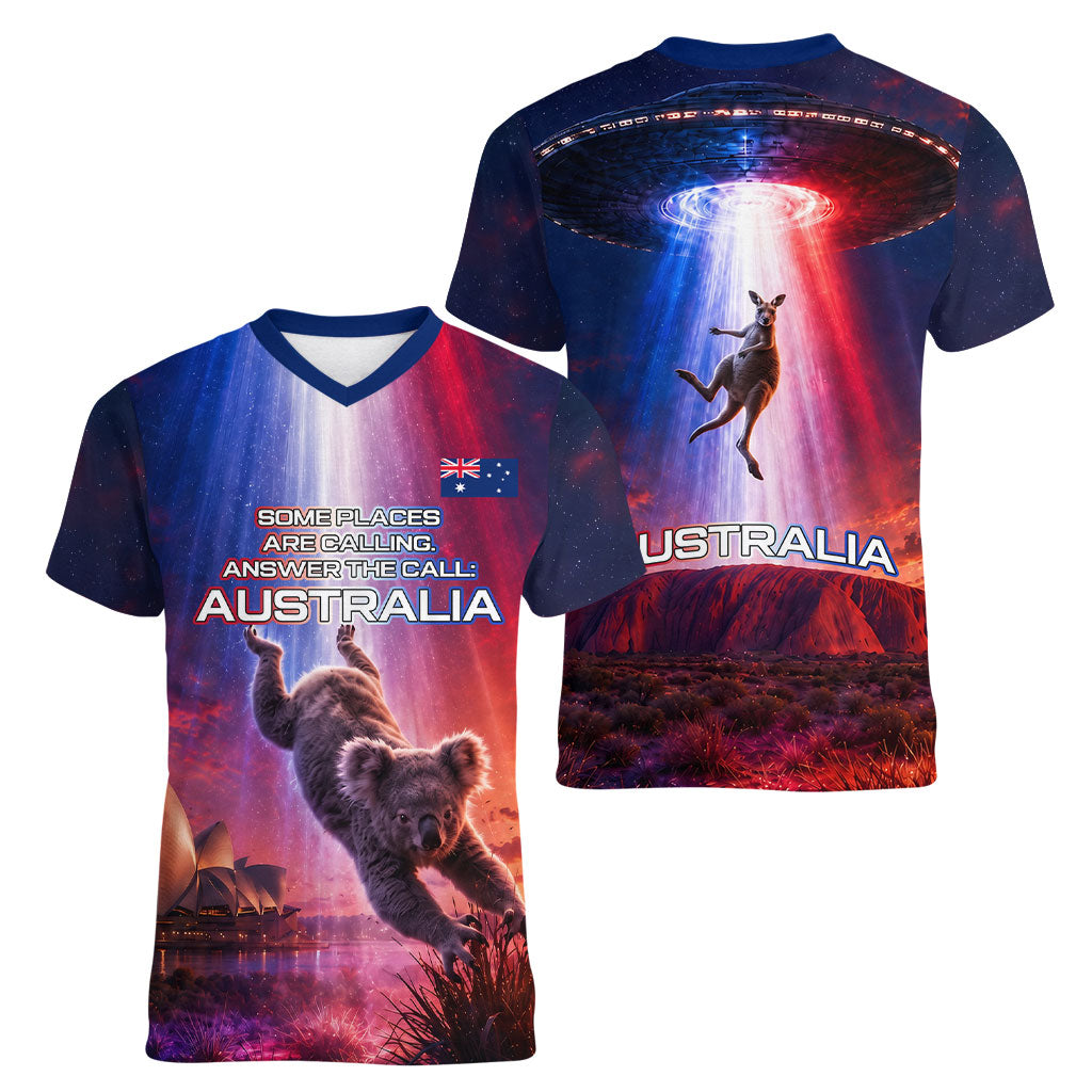 Australia Koala And Kangaroo UFO Women V-Neck T-Shirt Sci-Fi Galaxy Opera House And Uluru