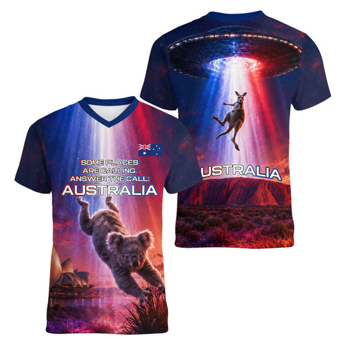 Australia Koala And Kangaroo UFO Women V-Neck T-Shirt Sci-Fi Galaxy Opera House And Uluru