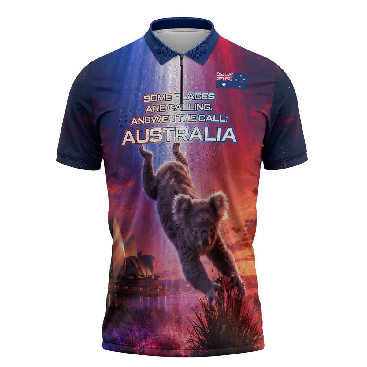 Australia Koala And Kangaroo UFO Zipper Polo Shirt Sci-Fi Galaxy Opera House And Uluru