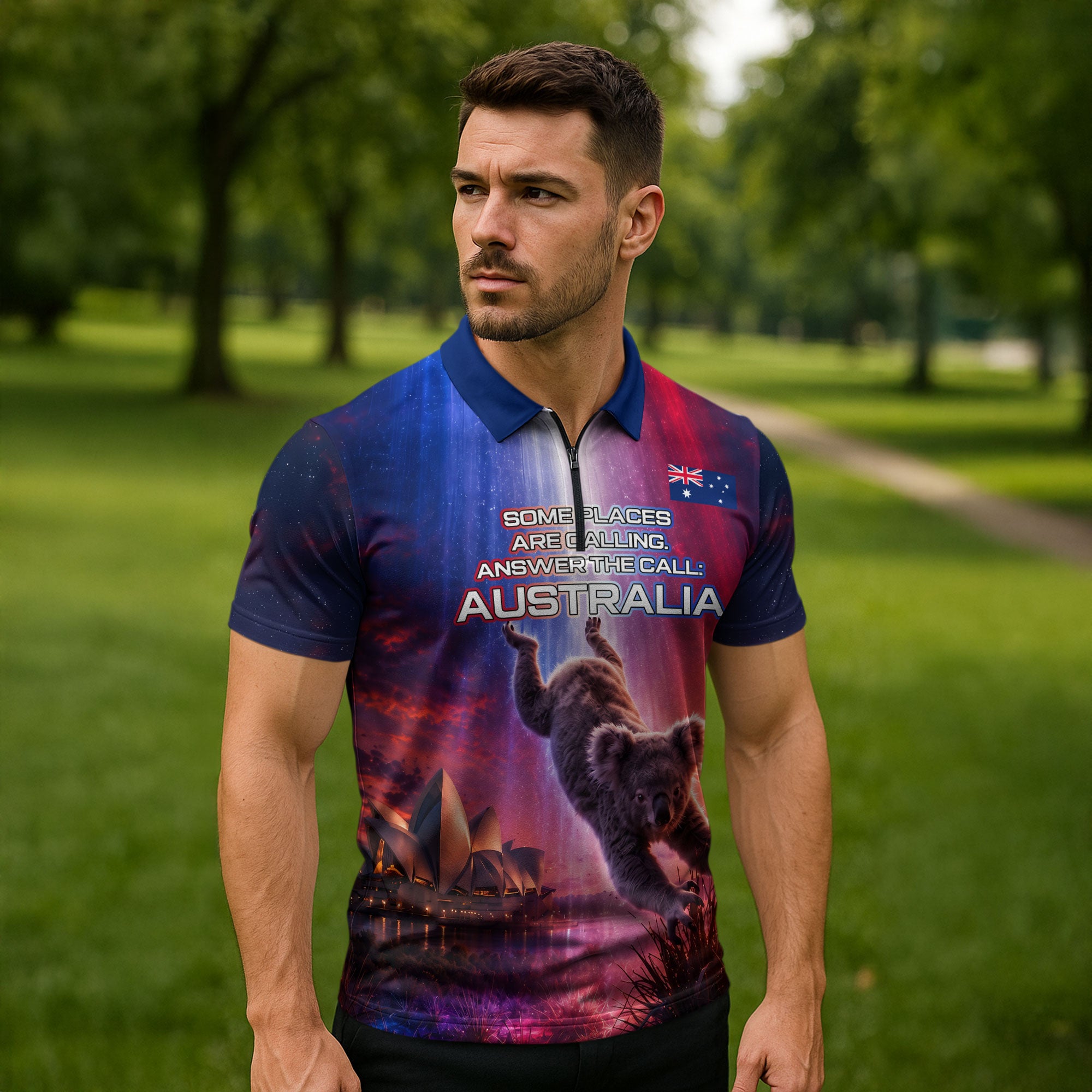 Australia Koala And Kangaroo UFO Zipper Polo Shirt Sci-Fi Galaxy Opera House And Uluru