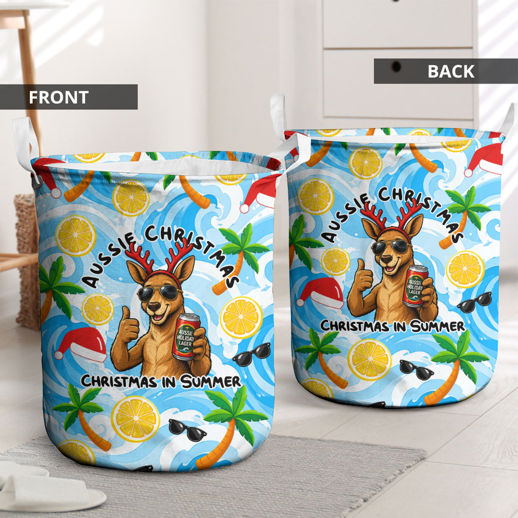 Aussie Christmas In Summer Laundry Basket Surfing Santa And Kangaroo - Tropical Cartoon Beach
