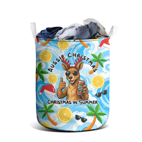 Aussie Christmas In Summer Laundry Basket Surfing Santa And Kangaroo - Tropical Cartoon Beach