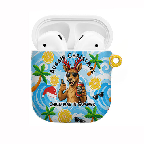 Aussie Christmas In Summer AirPods Case Surfing Santa And Kangaroo - Tropical Cartoon Beach