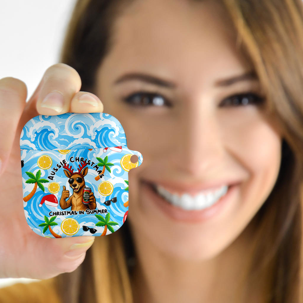 Aussie Christmas In Summer AirPods Case Surfing Santa And Kangaroo - Tropical Cartoon Beach