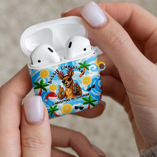 Aussie Christmas In Summer AirPods Case Surfing Santa And Kangaroo - Tropical Cartoon Beach