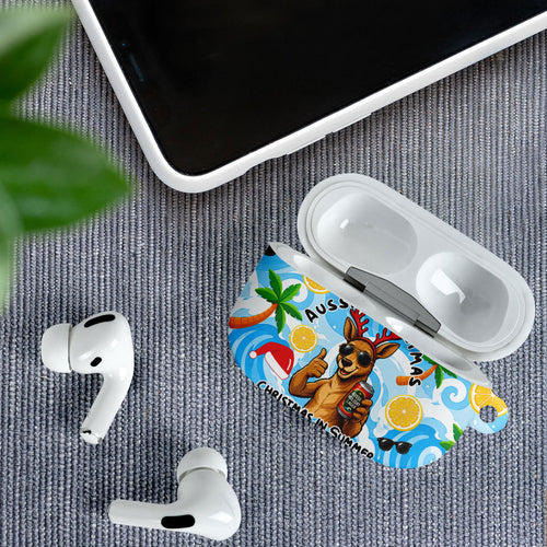 Aussie Christmas In Summer AirPods Case Surfing Santa And Kangaroo - Tropical Cartoon Beach