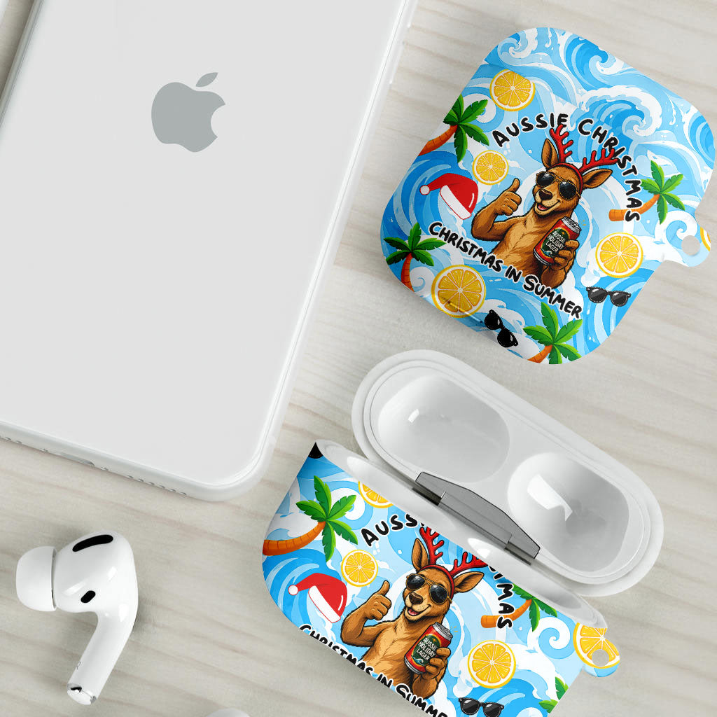 Aussie Christmas In Summer AirPods Case Surfing Santa And Kangaroo - Tropical Cartoon Beach