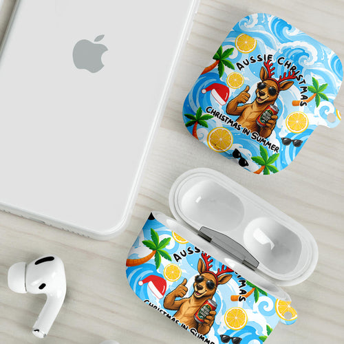 Aussie Christmas In Summer AirPods Case Surfing Santa And Kangaroo - Tropical Cartoon Beach