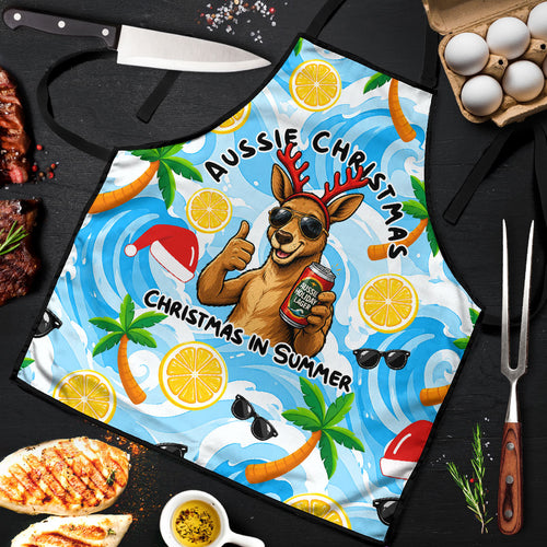 Aussie Christmas In Summer Apron Surfing Santa And Kangaroo - Tropical Cartoon Beach