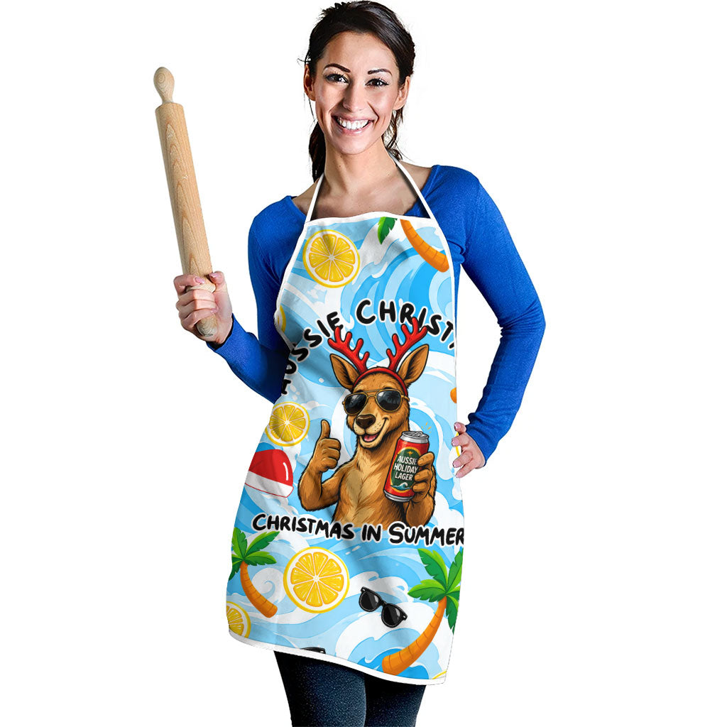 Aussie Christmas In Summer Apron Surfing Santa And Kangaroo - Tropical Cartoon Beach