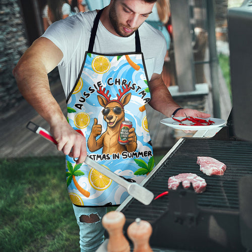 Aussie Christmas In Summer Apron Surfing Santa And Kangaroo - Tropical Cartoon Beach
