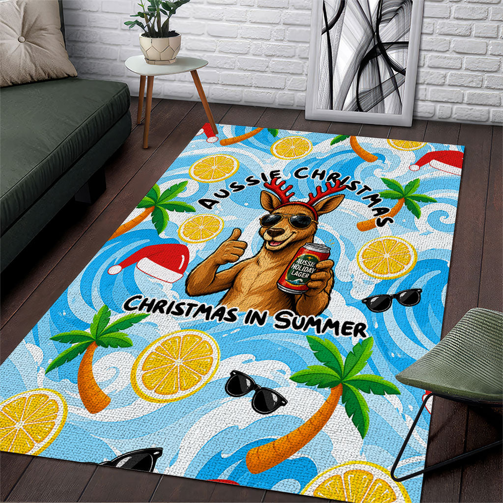 Aussie Christmas In Summer Area Rug Surfing Santa And Kangaroo - Tropical Cartoon Beach