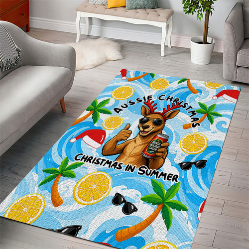 Aussie Christmas In Summer Area Rug Surfing Santa And Kangaroo - Tropical Cartoon Beach