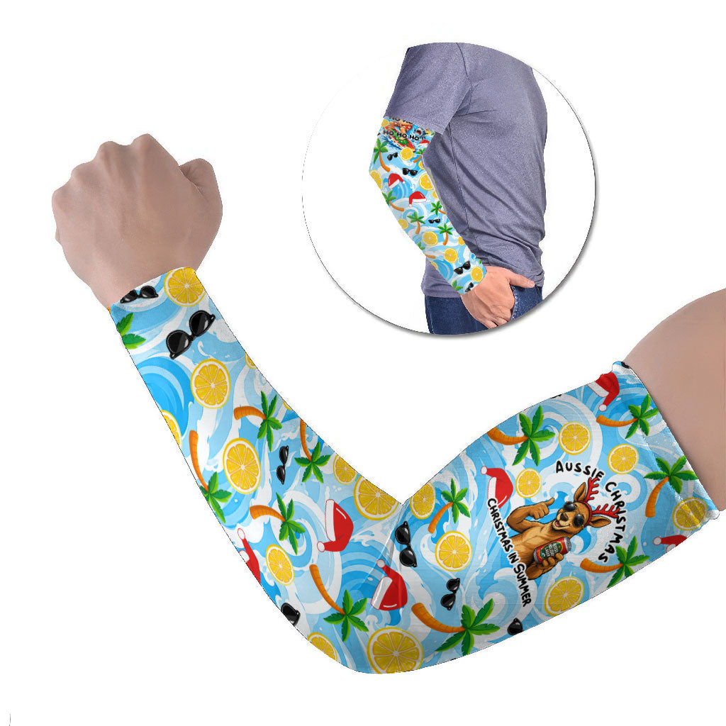 Aussie Christmas In Summer Arm Sleeves Surfing Santa And Kangaroo - Tropical Cartoon Beach