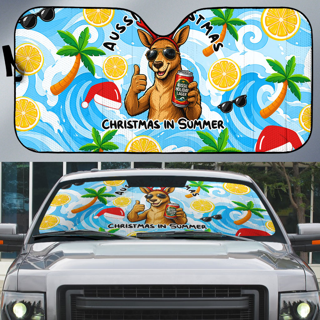 Aussie Christmas In Summer Auto Sun Shade Surfing Santa And Kangaroo - Tropical Cartoon Beach