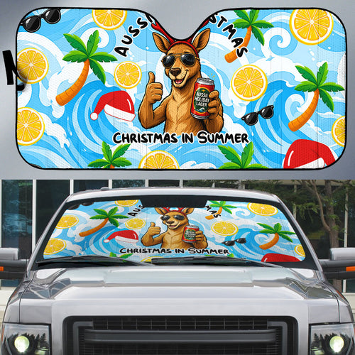 Aussie Christmas In Summer Auto Sun Shade Surfing Santa And Kangaroo - Tropical Cartoon Beach