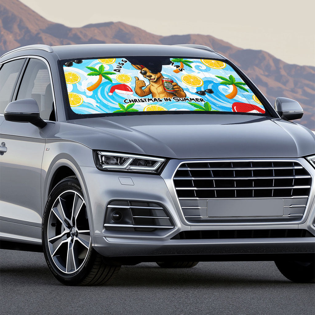 Aussie Christmas In Summer Auto Sun Shade Surfing Santa And Kangaroo - Tropical Cartoon Beach