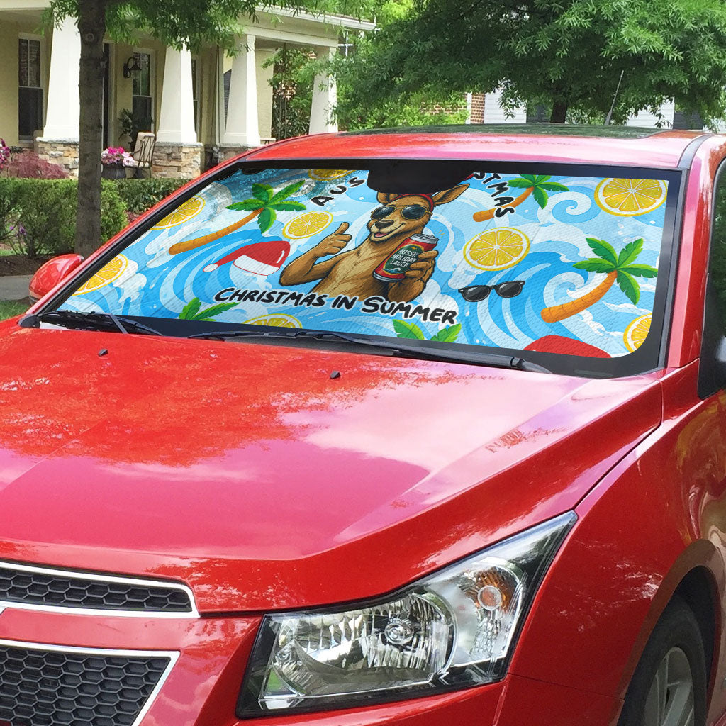 Aussie Christmas In Summer Auto Sun Shade Surfing Santa And Kangaroo - Tropical Cartoon Beach