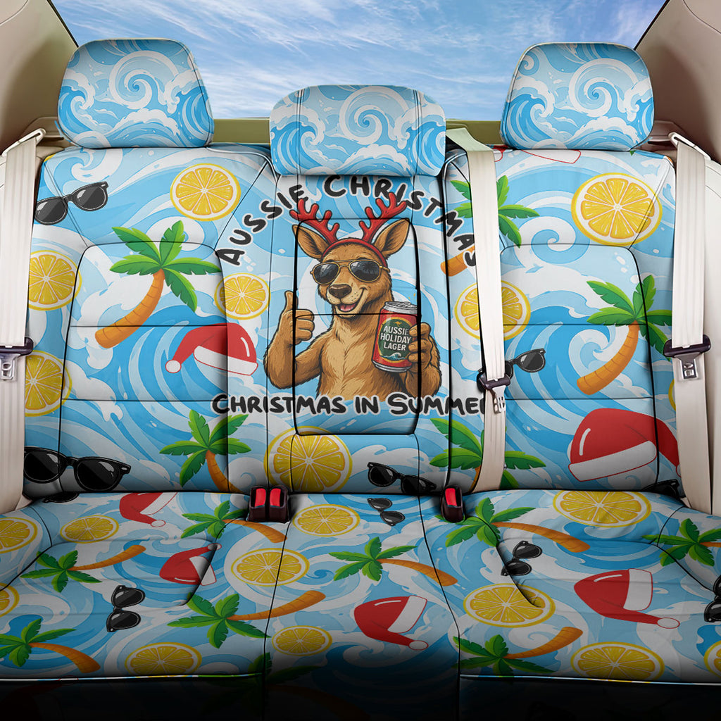 Aussie Christmas In Summer Back Car Seat Cover Surfing Santa And Kangaroo - Tropical Cartoon Beach