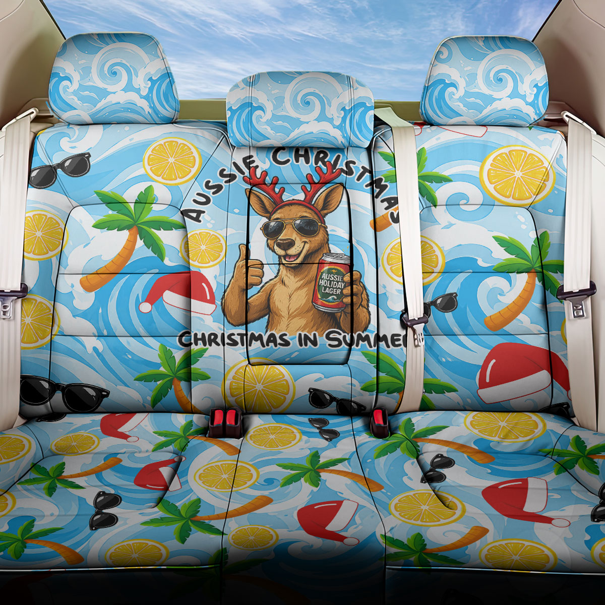Aussie Christmas In Summer Back Car Seat Cover Surfing Santa And Kangaroo - Tropical Cartoon Beach
