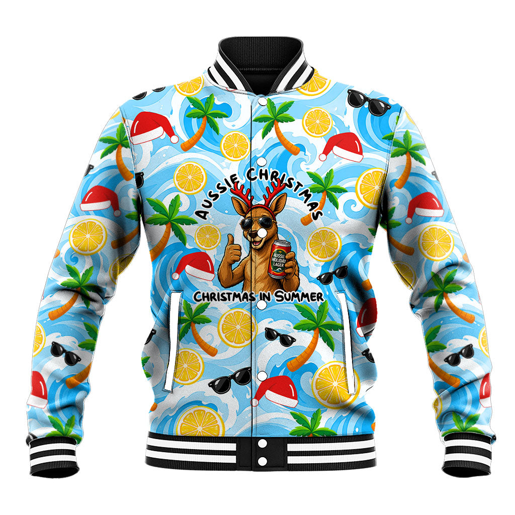 Aussie Christmas In Summer Baseball Jacket Surfing Santa And Kangaroo - Tropical Cartoon Beach