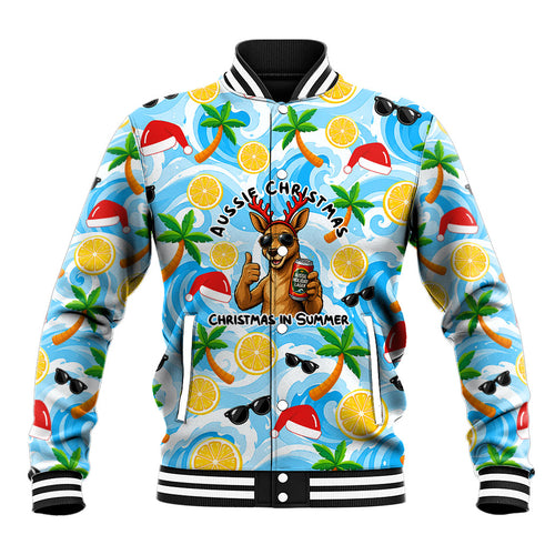 Aussie Christmas In Summer Baseball Jacket Surfing Santa And Kangaroo - Tropical Cartoon Beach