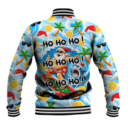 Aussie Christmas In Summer Baseball Jacket Surfing Santa And Kangaroo - Tropical Cartoon Beach