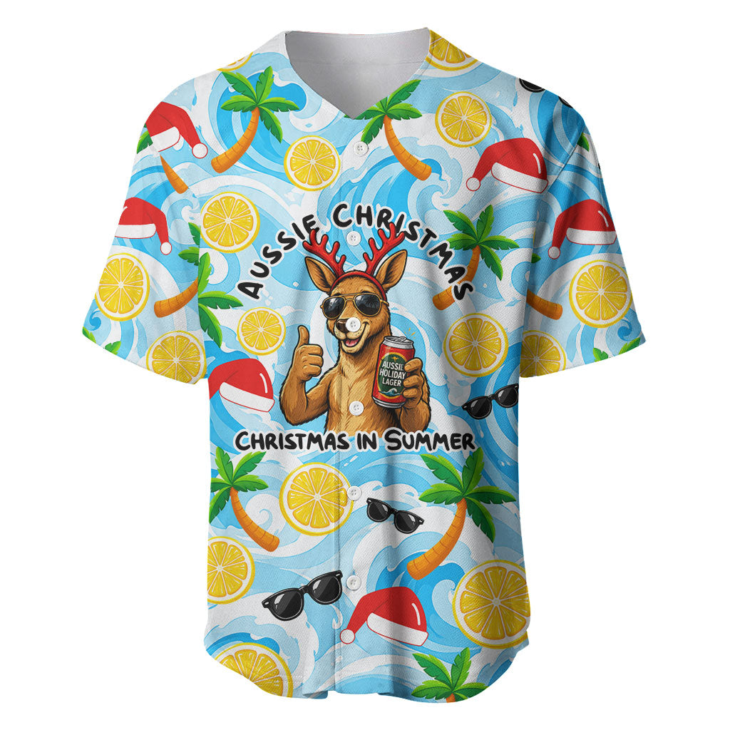Aussie Christmas In Summer Baseball Jersey Surfing Santa And Kangaroo - Tropical Cartoon Beach