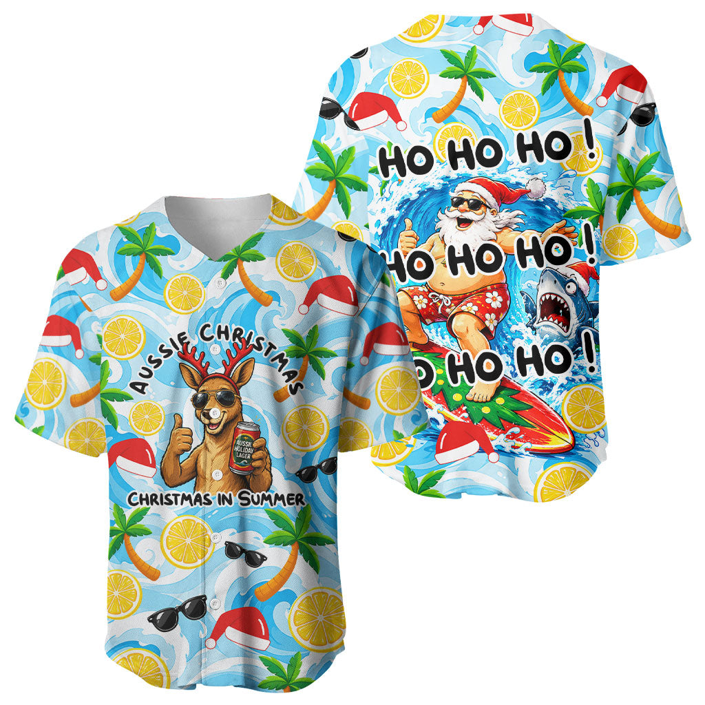 Aussie Christmas In Summer Baseball Jersey Surfing Santa And Kangaroo - Tropical Cartoon Beach